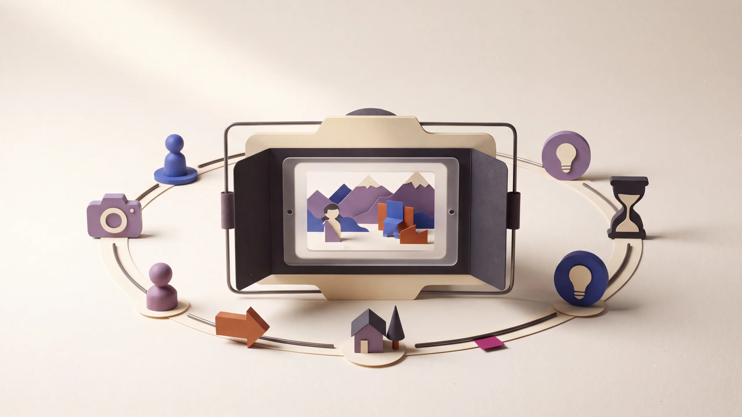 A paper-built director viewfinder surrounded by modular camera and timing controls