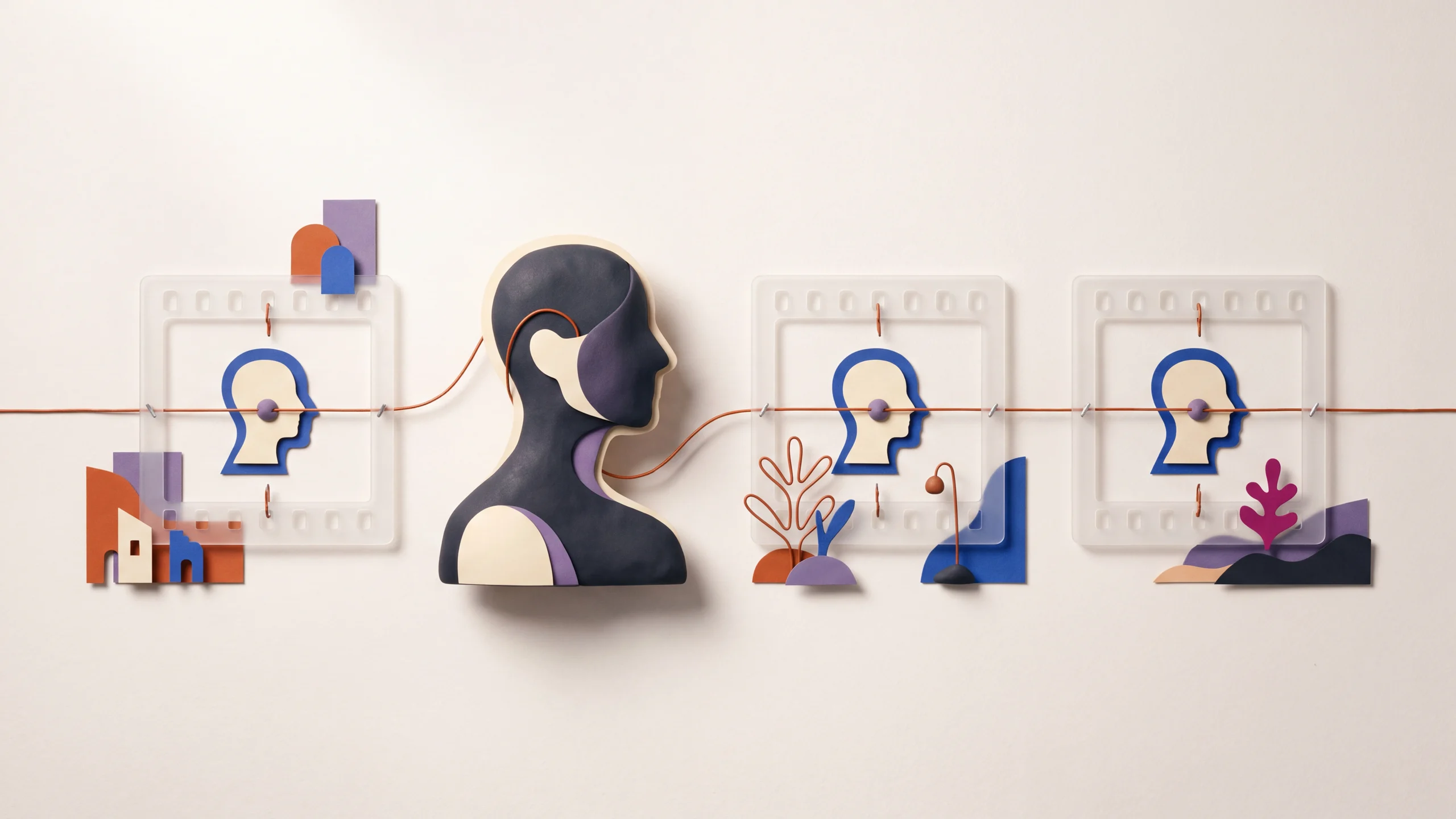 Tactile paper artwork showing the same profile repeated across connected film frames