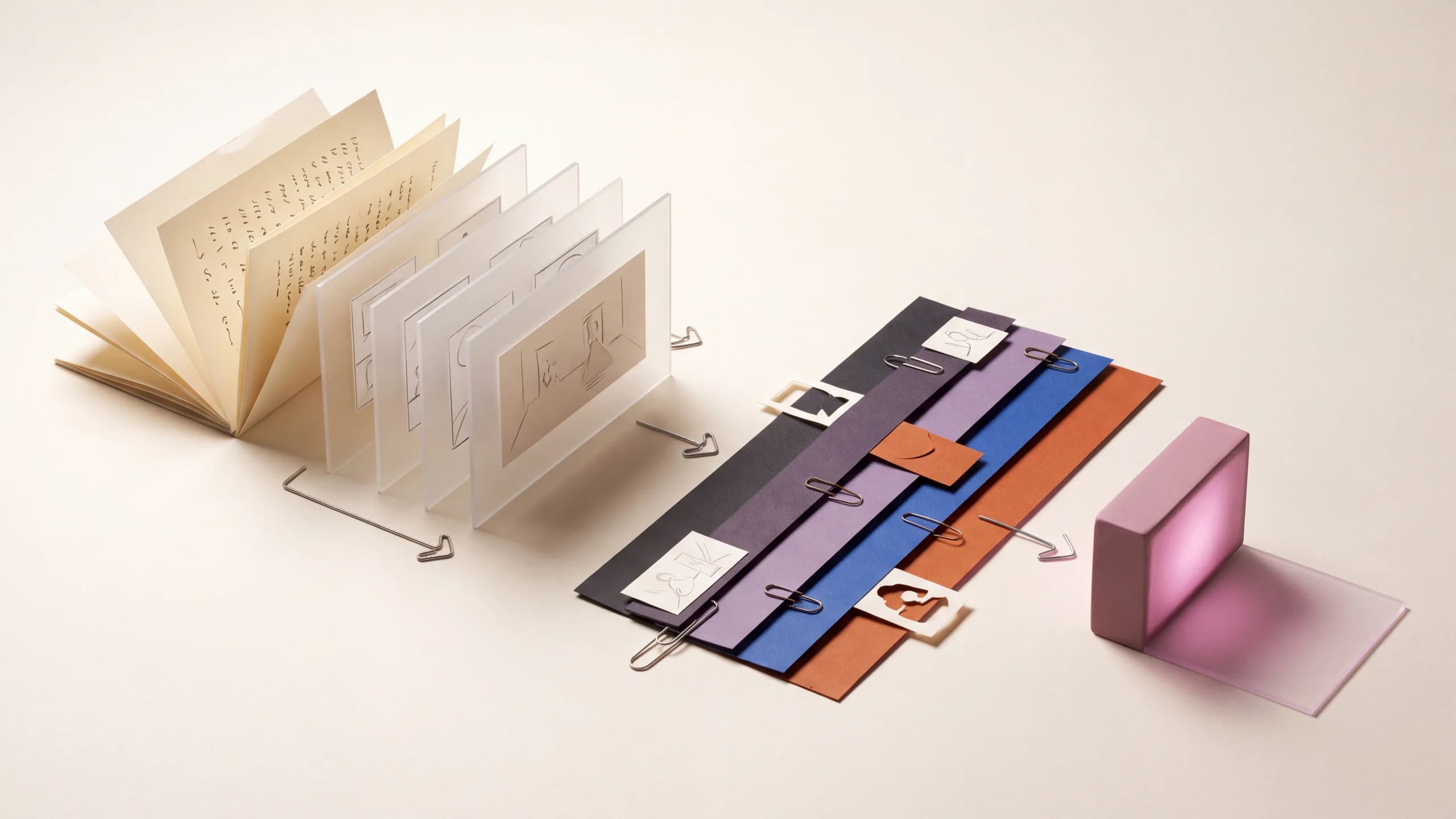 Script pages unfolding into storyboard frames and a colorful editing timeline