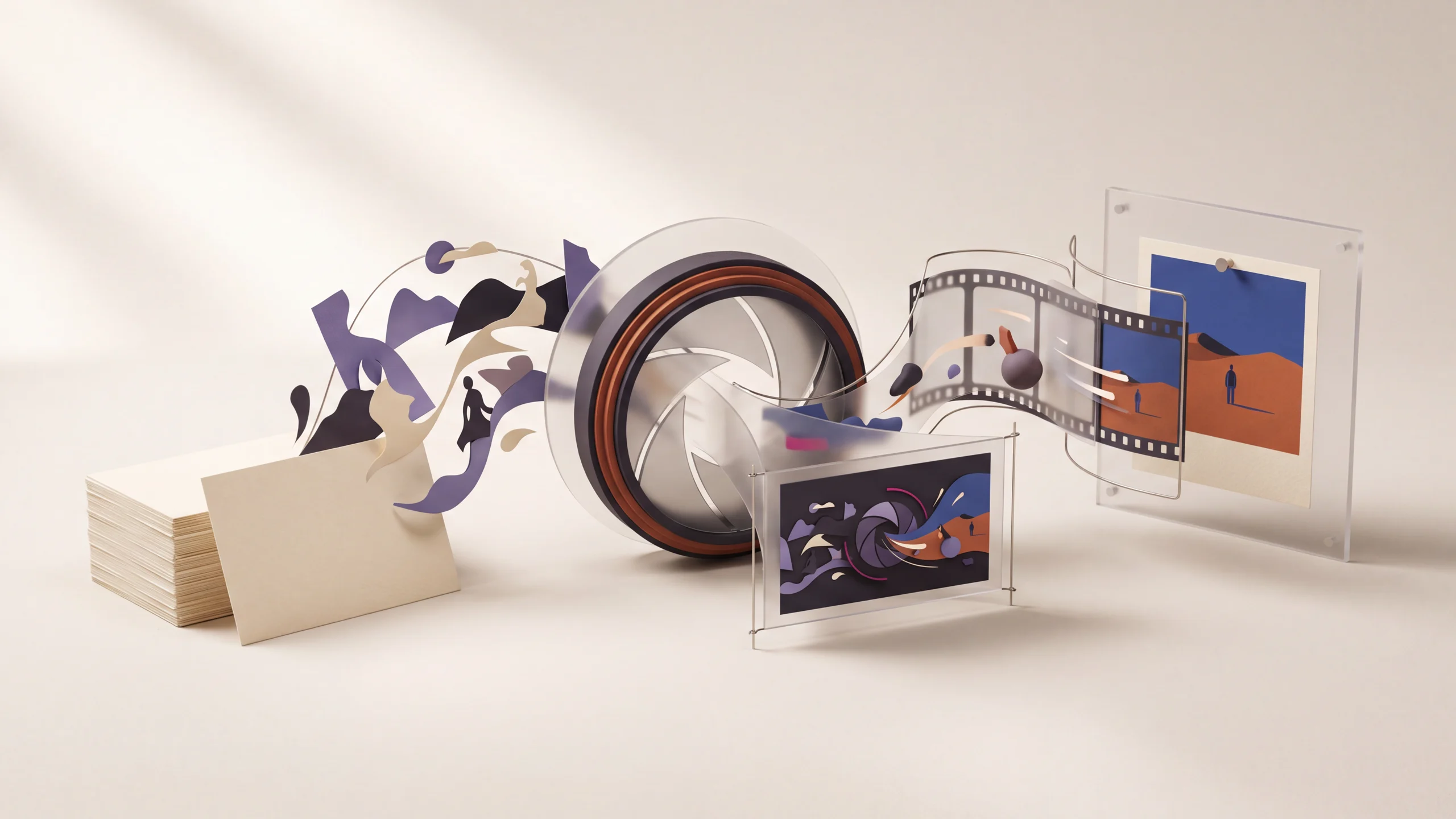 An editorial paper sculpture contrasting loose ideas with pinned film frames around a camera aperture