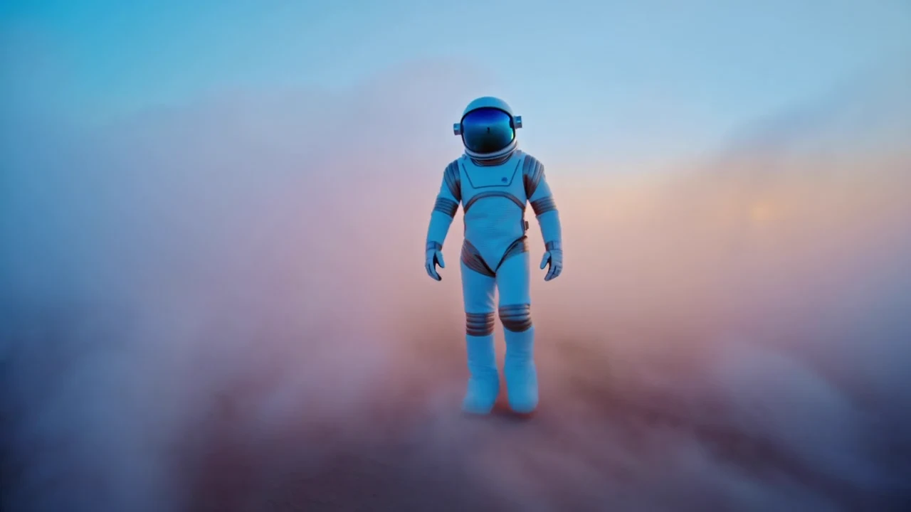 Astronaut emerging through blue and pink clouds