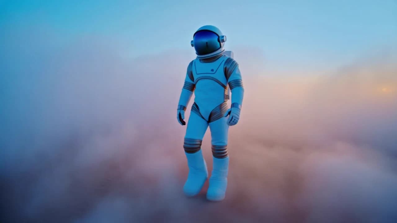 Astronaut continuing through luminous mist